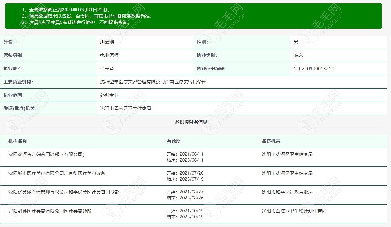 沈阳釜帝医疗美容门诊部执业医师周云刚