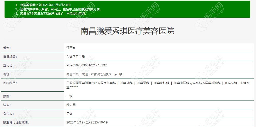 南昌鹏爱秀琪医疗美容医院在卫健委官网上备案信息