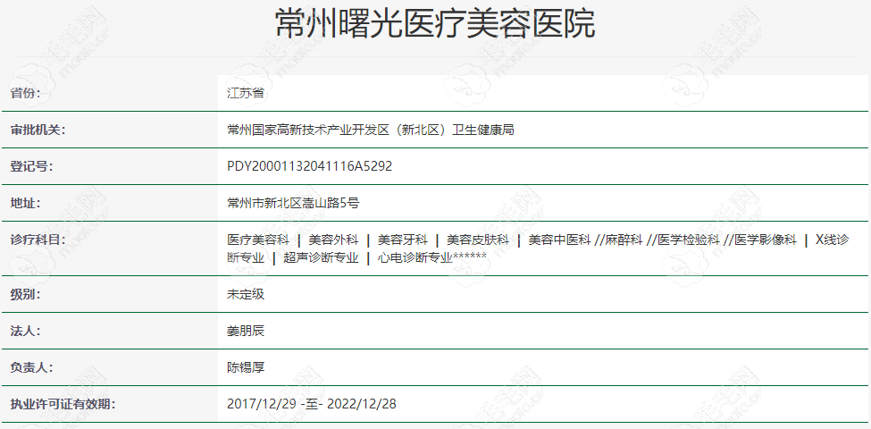  常州曙光医疗美容医院资质