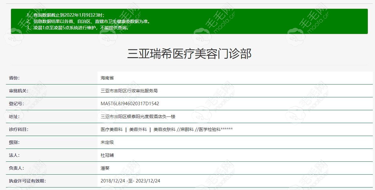 三亚瑞希医疗美容整形门诊部资质结果
