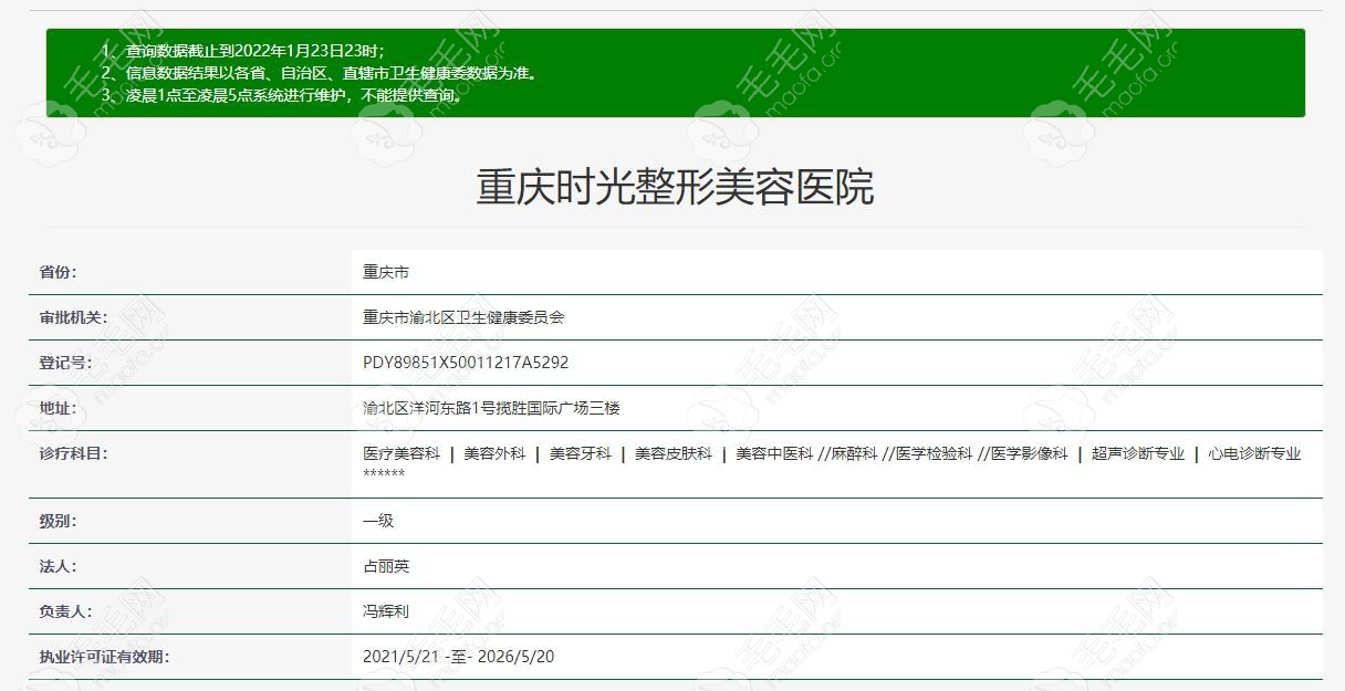 重庆时光整形美容医院资质查询结果