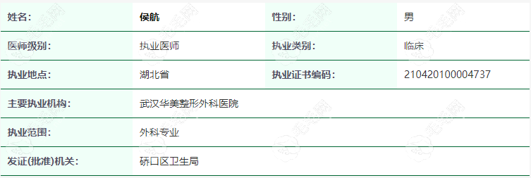 武汉华美植发侯航医生资质信息