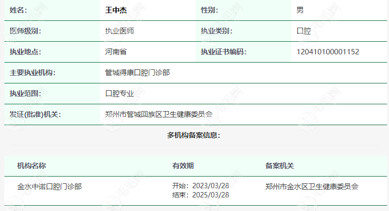 郑州金水中诺口腔门诊部执业医生王中杰