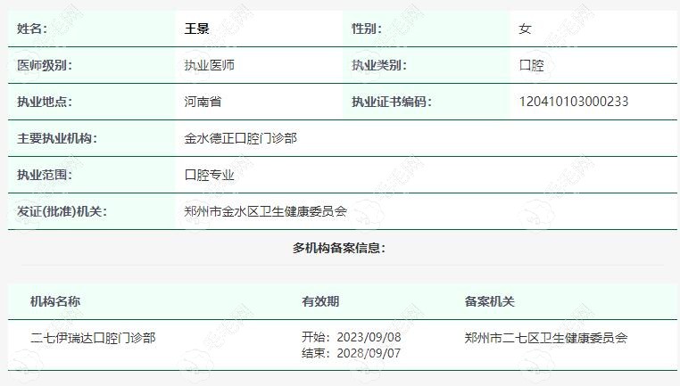 郑州金水德正口腔门诊部执业医生王景