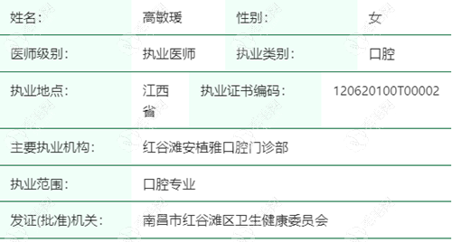 南昌红谷滩安植雅口腔门诊部执业医师高敏瑗