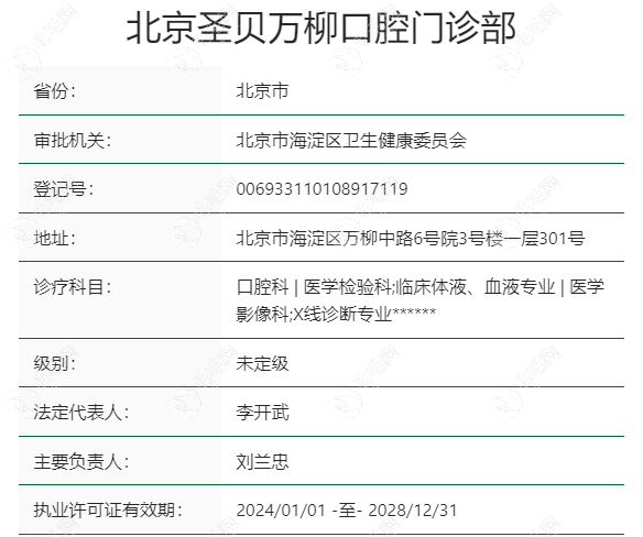 北京圣贝口腔万柳门诊官方资质与基本信息