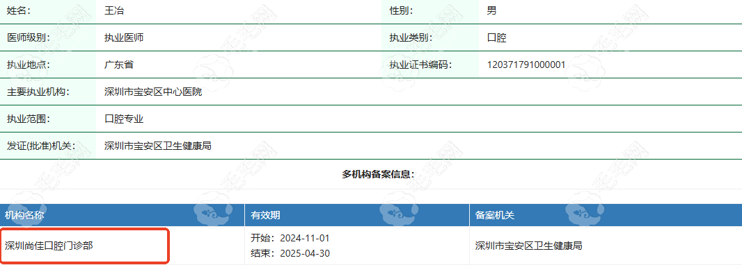 深圳尚佳口腔门诊部执业医师王冶