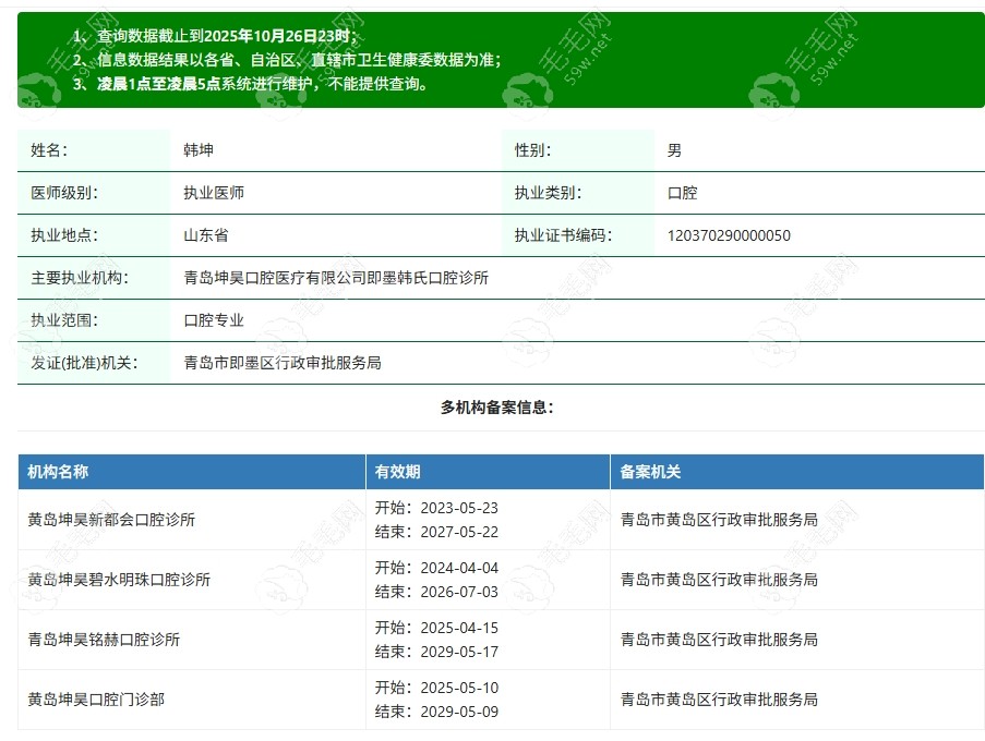青岛坤昊口腔韩坤医生资质59w.net 青岛坤昊口腔韩坤医生资质59w.net
