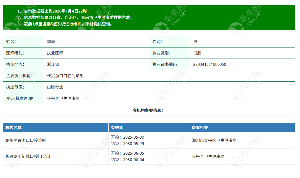 湖州长兴浙口口腔门诊部执业医师郭傲