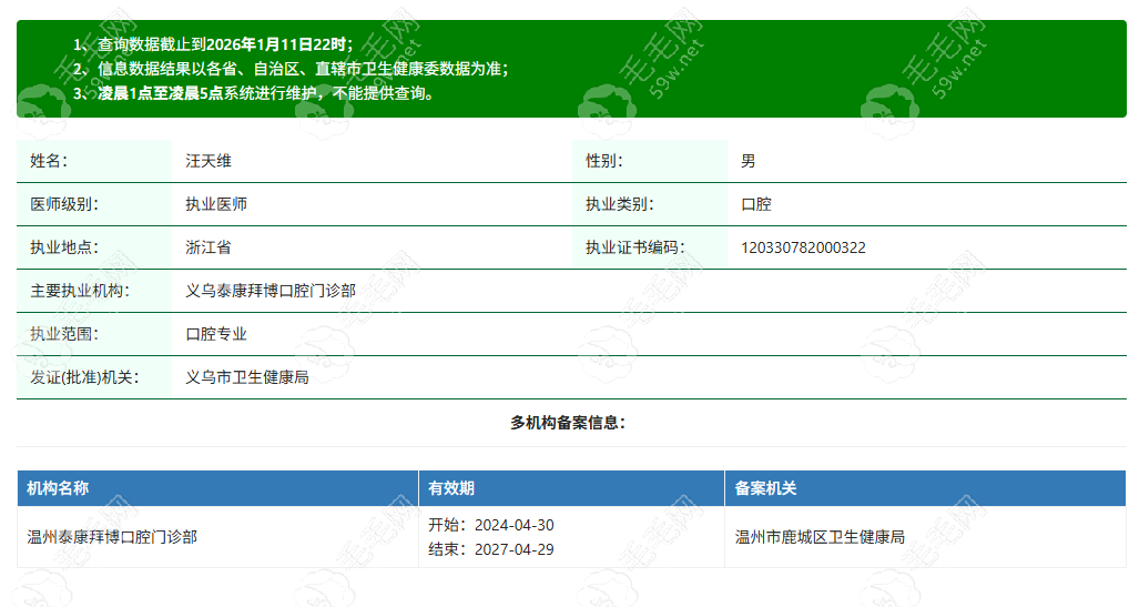 义乌泰康拜博口腔门诊部执业医师汪天维