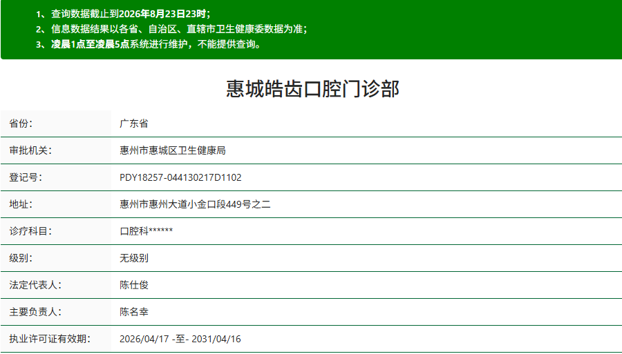 惠州惠城皓齿口腔门诊部资质